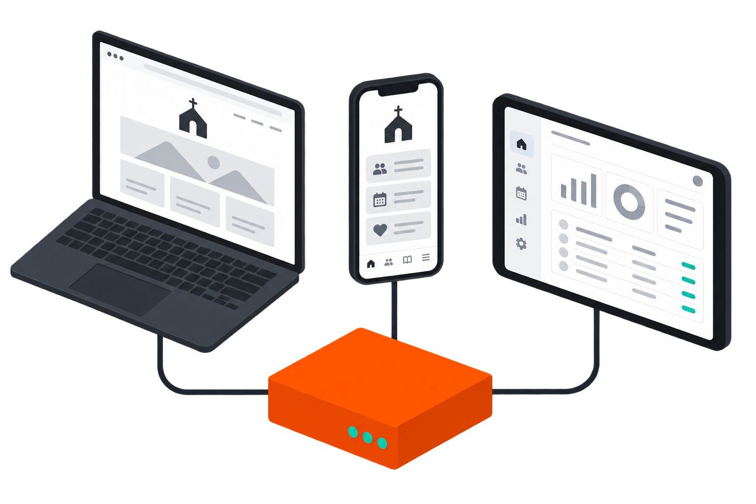 Ilustración: una laptop con el sitio, un teléfono con la aplicación y una tableta con el panel, conectados a una sola base